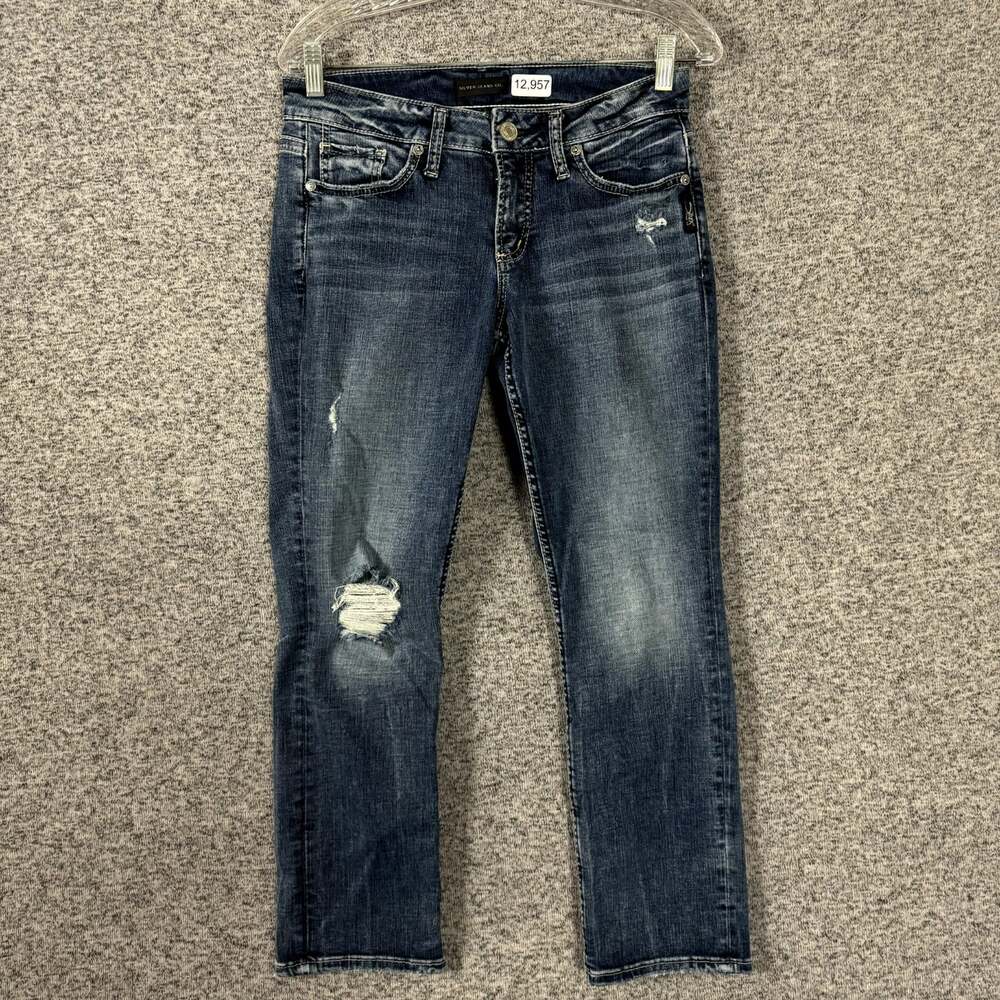 Silver Jeans Women’s Size 26/22.5 Dark Wash Distressed Stretch Elyse Capri Jeans